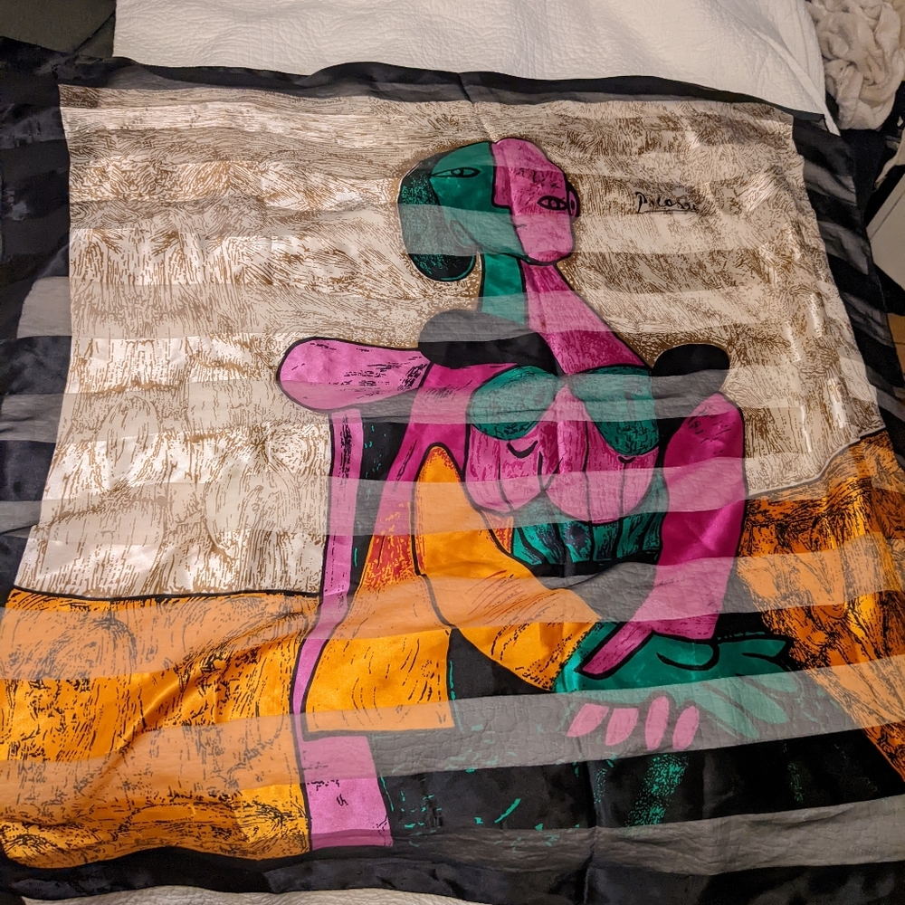 Vintage Scarf Abstract "Two Women" Picasso Portrait Signed Polyester 38" Square